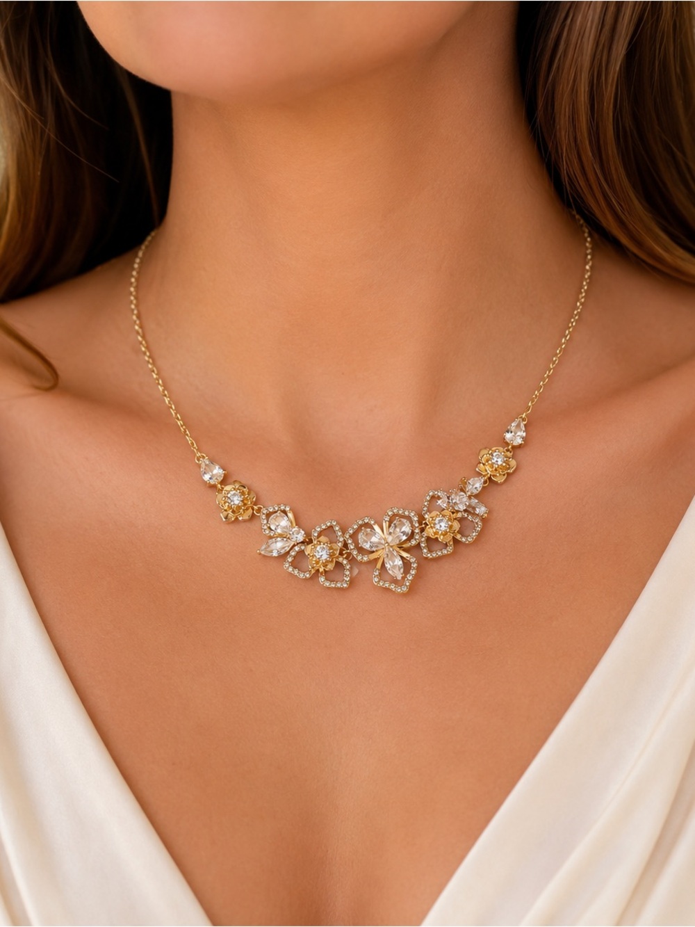 Gold Flower Cluster Necklace with Crystal Accents and Freedom Clasp | Magnetic